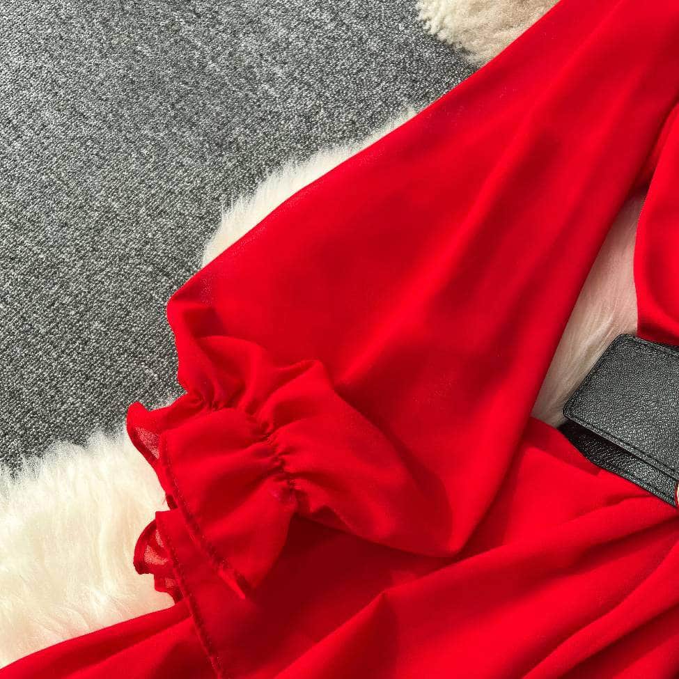 High Collared Lantern Sleeves Pleated Tiered Maxi Dress
