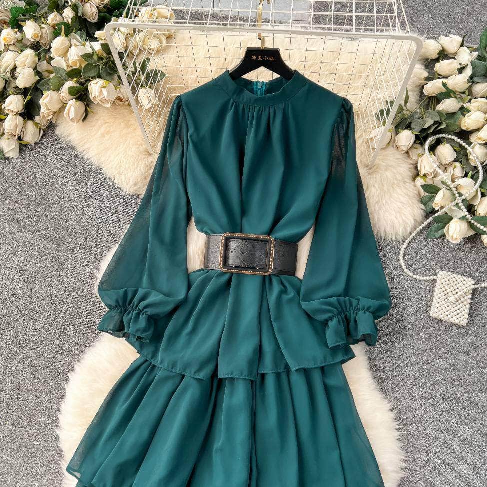 High Collared Lantern Sleeves Pleated Tiered Maxi Dress