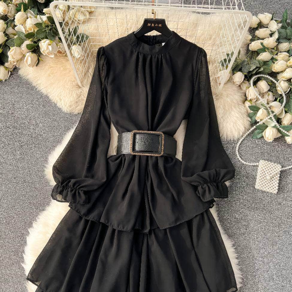 High Collared Lantern Sleeves Pleated Tiered Maxi Dress