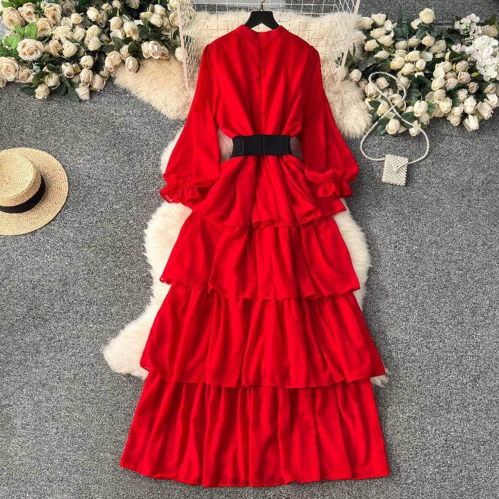 High Collared Lantern Sleeves Pleated Tiered Maxi Dress