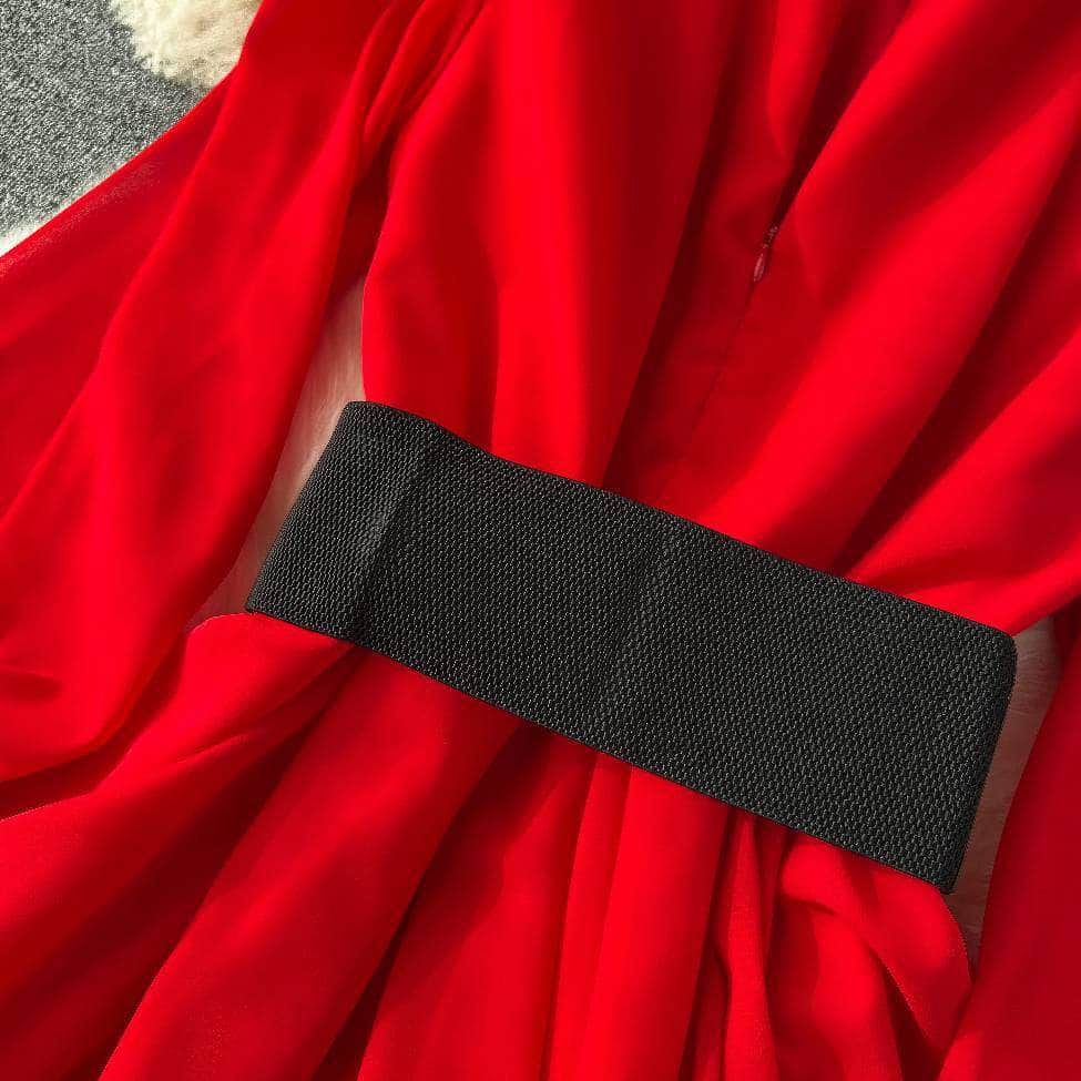 High Collared Lantern Sleeves Pleated Tiered Maxi Dress