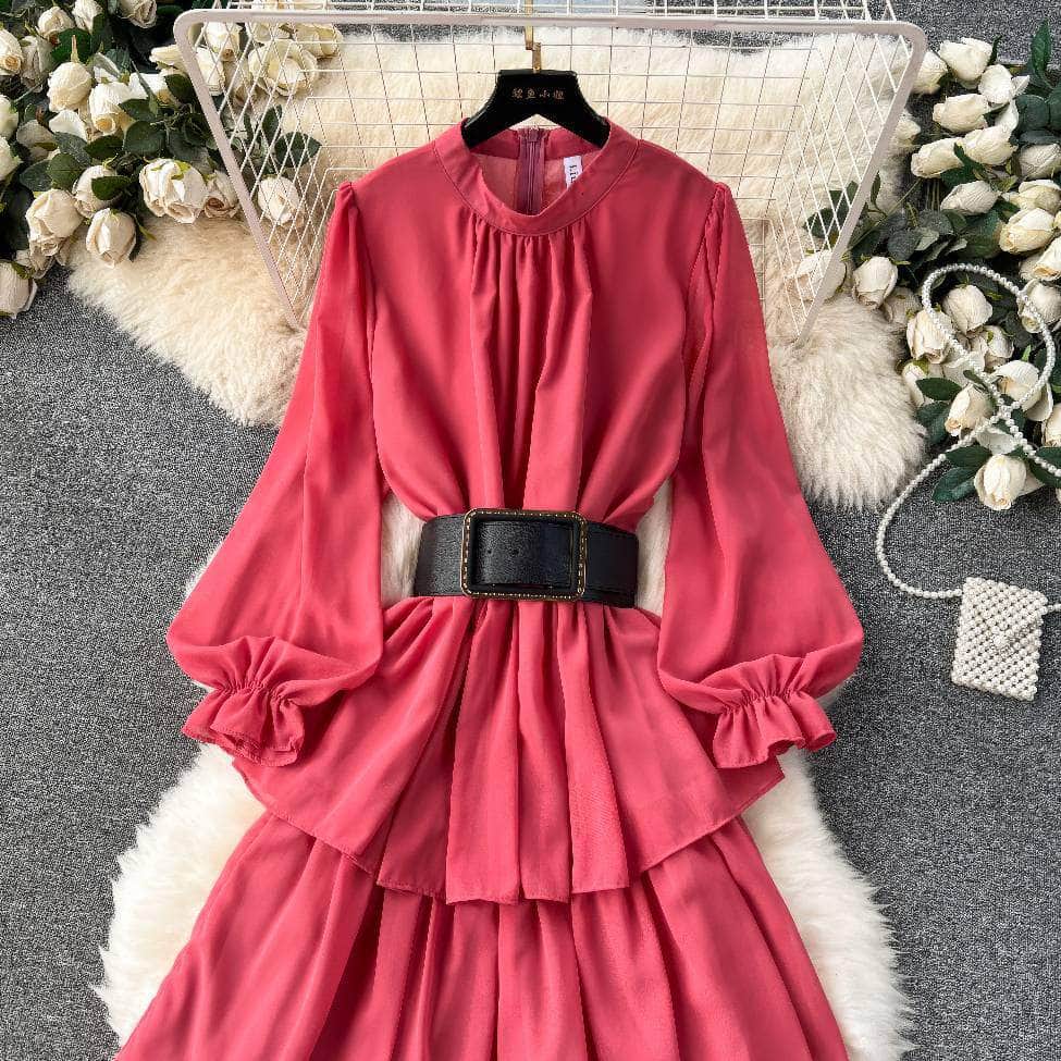 High Collared Lantern Sleeves Pleated Tiered Maxi Dress