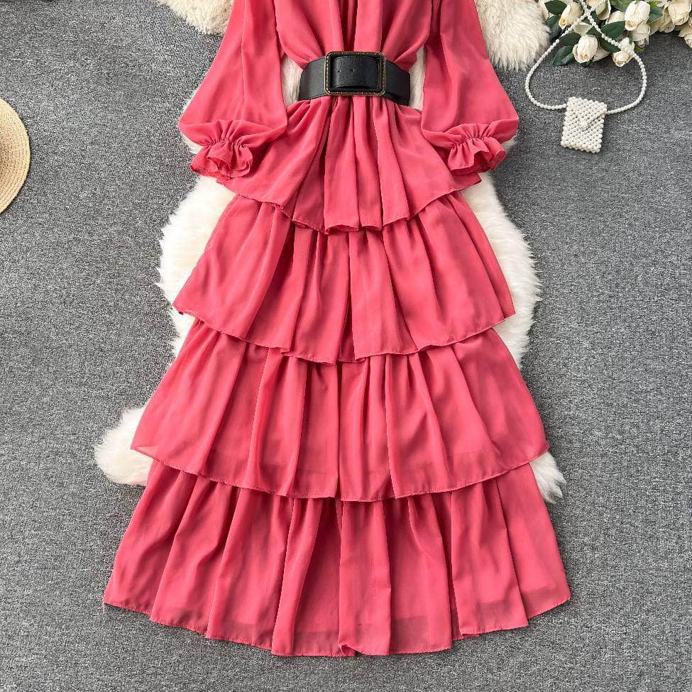 High Collared Lantern Sleeves Pleated Tiered Maxi Dress