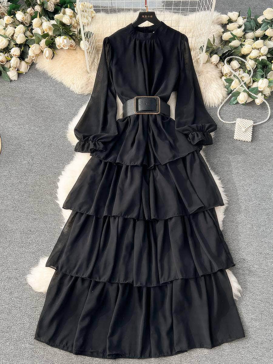 High Collared Lantern Sleeves Pleated Tiered Maxi Dress MAX SIZE / Black