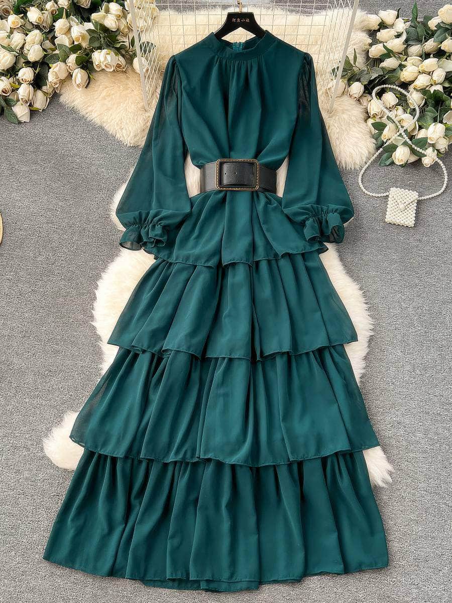 High Collared Lantern Sleeves Pleated Tiered Maxi Dress MAX SIZE / DarkGreen