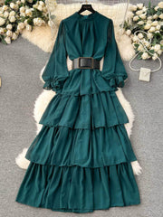 High Collared Lantern Sleeves Pleated Tiered Maxi Dress MAX SIZE / DarkGreen