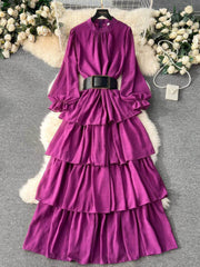 High Collared Lantern Sleeves Pleated Tiered Maxi Dress MAX SIZE / Purple