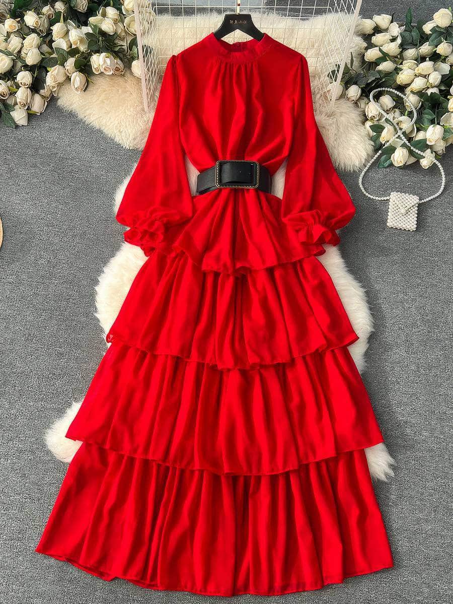 High Collared Lantern Sleeves Pleated Tiered Maxi Dress MAX SIZE / Red