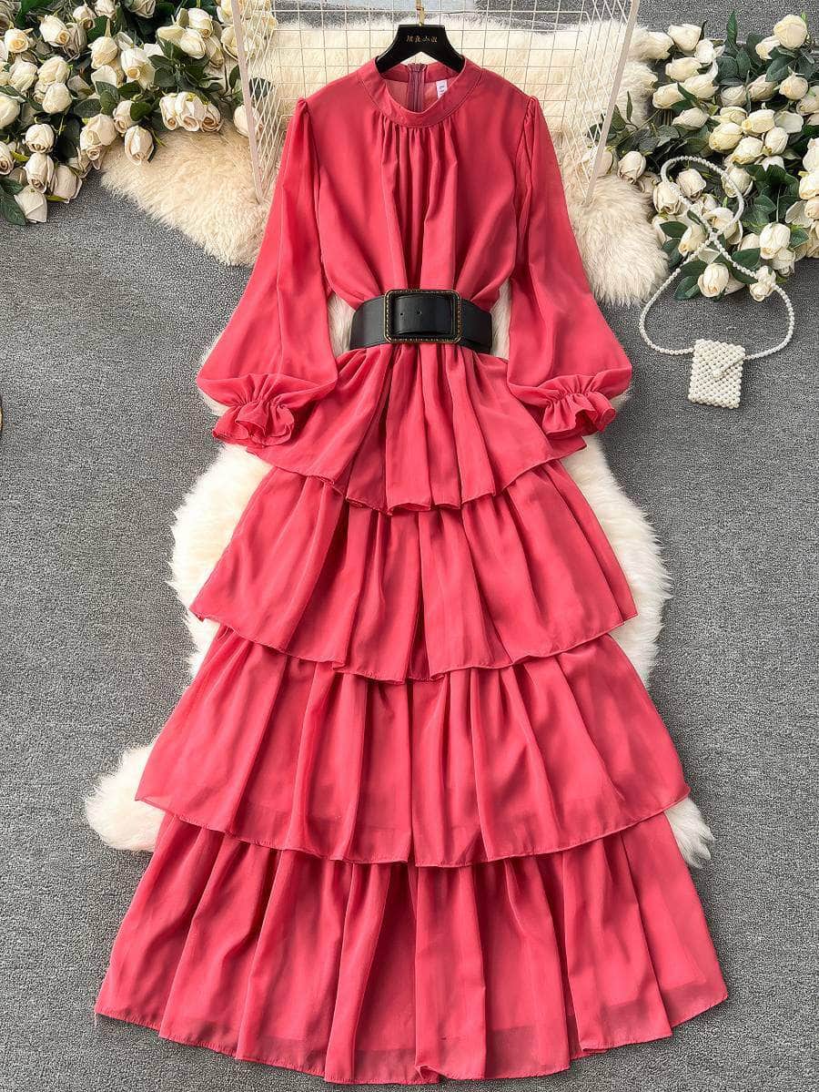 High Collared Lantern Sleeves Pleated Tiered Maxi Dress MAX SIZE / WatermelonRed
