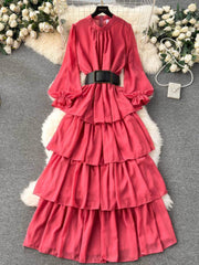 High Collared Lantern Sleeves Pleated Tiered Maxi Dress MAX SIZE / WatermelonRed