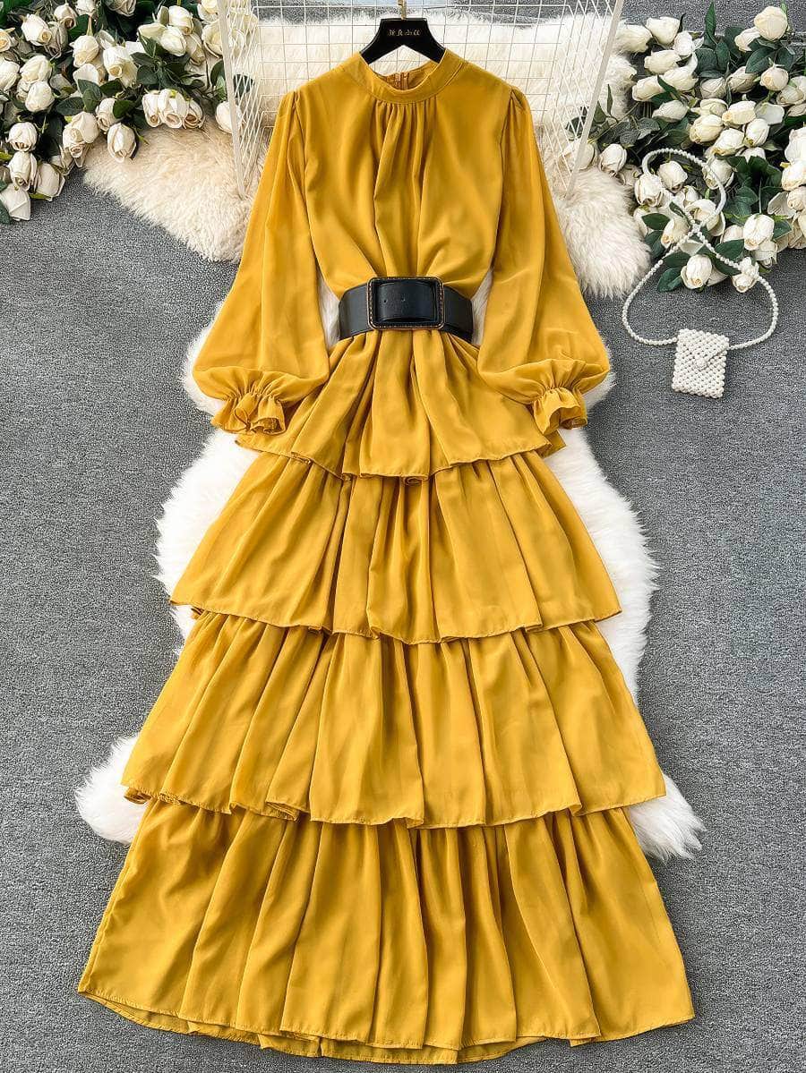 High Collared Lantern Sleeves Pleated Tiered Maxi Dress MAX SIZE / Yellow