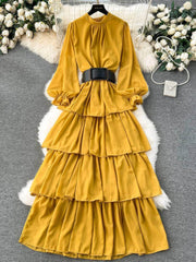 High Collared Lantern Sleeves Pleated Tiered Maxi Dress MAX SIZE / Yellow