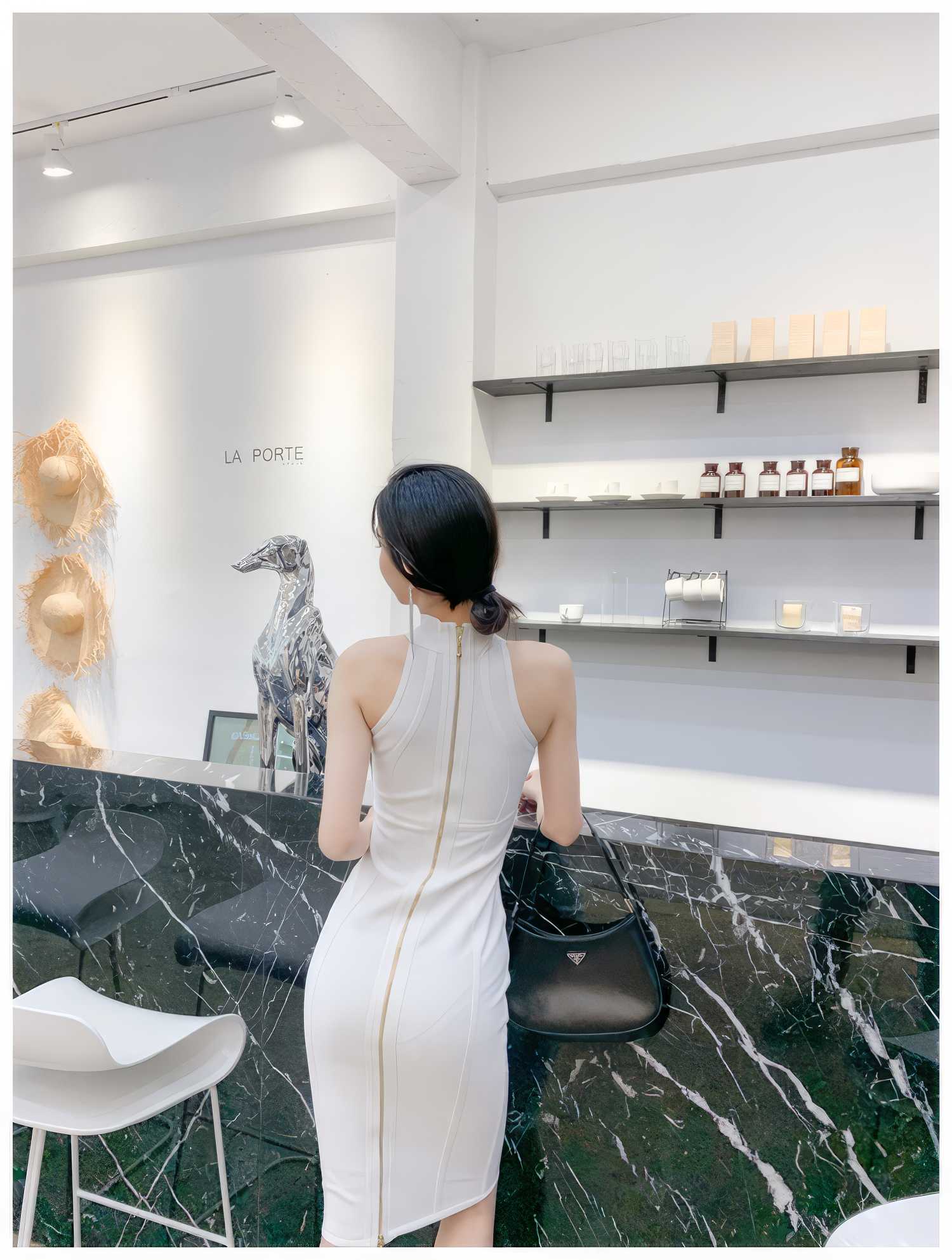 High Halter Contrast Seams Bandage Dress