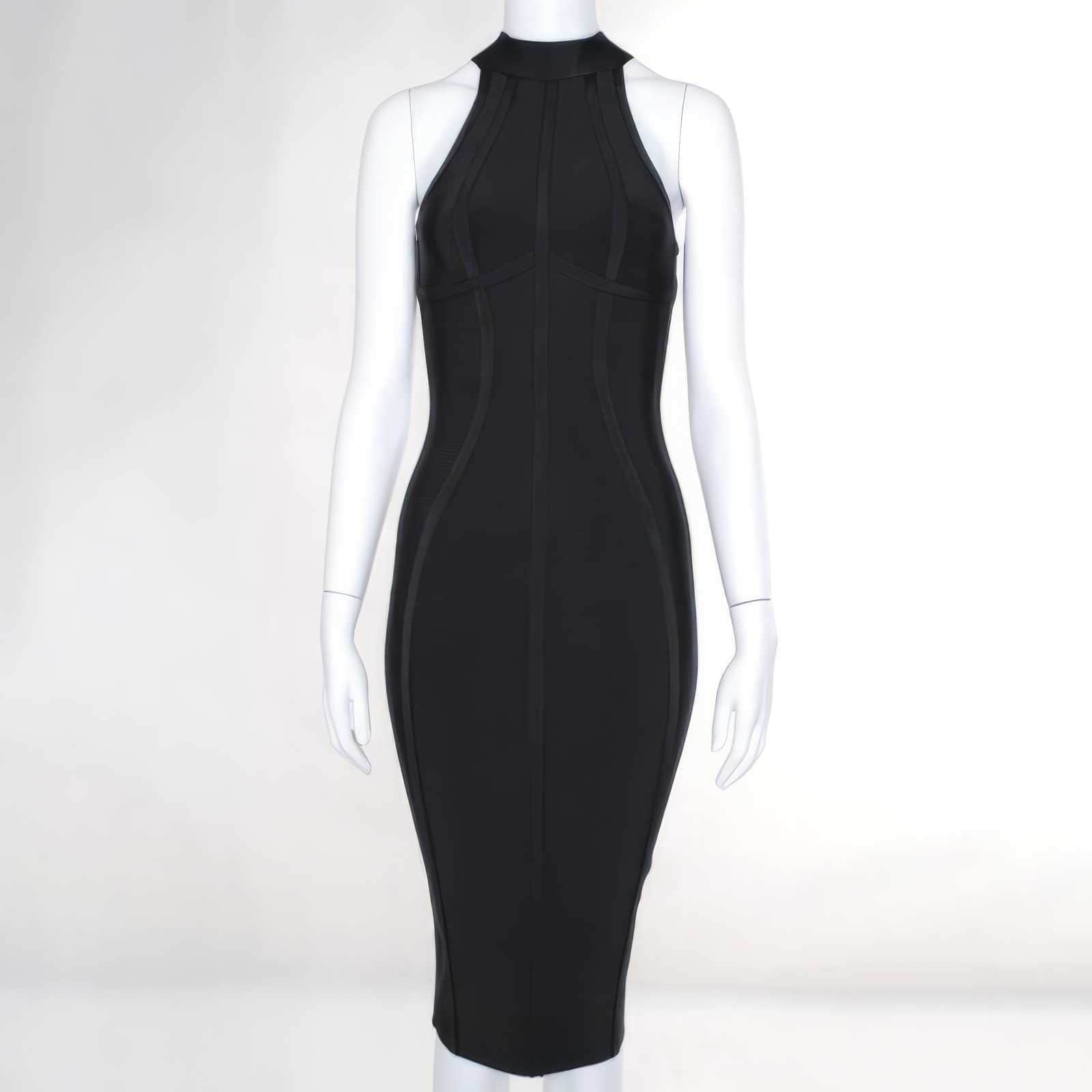 High Halter Contrast Seams Bandage Dress XS / Black