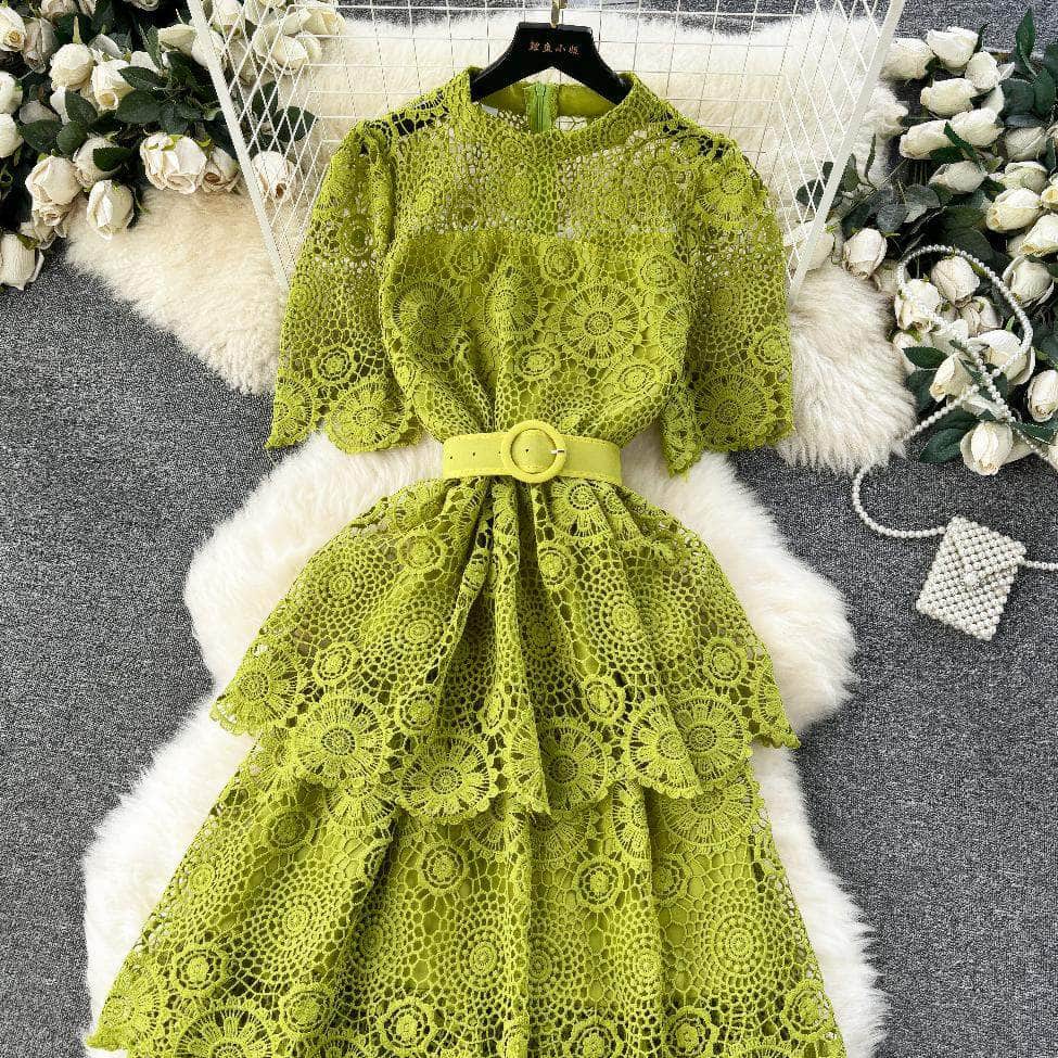 High Neck Floral Crotchet Lace Tiered Hem Dress