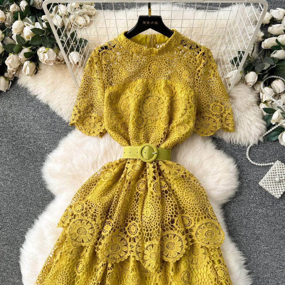 High Neck Floral Crotchet Lace Tiered Hem Dress