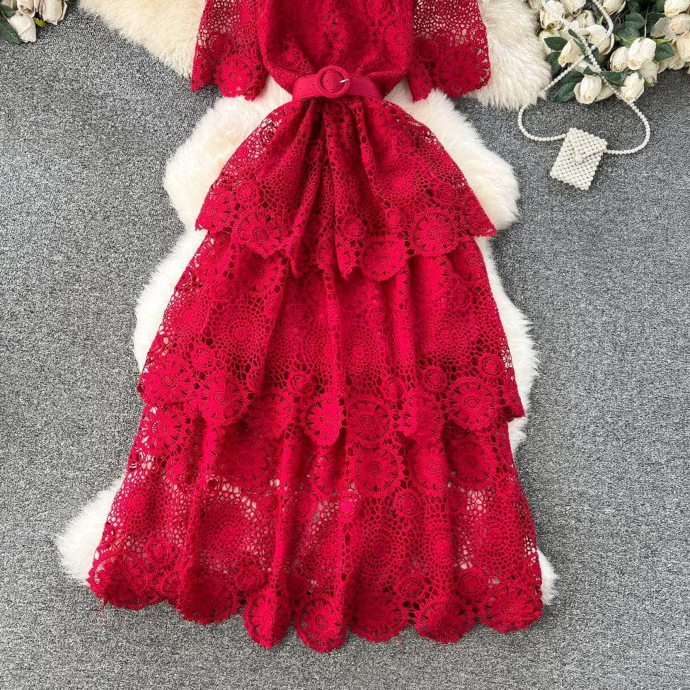 High Neck Floral Crotchet Lace Tiered Hem Dress