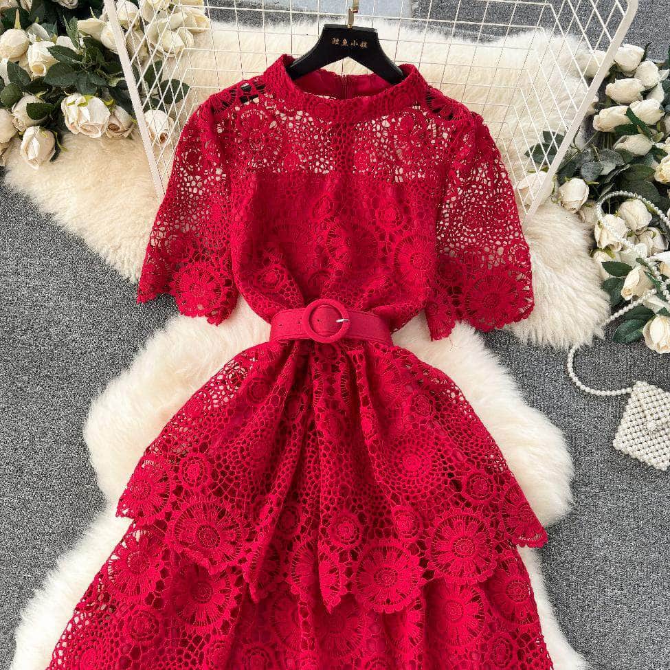 High Neck Floral Crotchet Lace Tiered Hem Dress