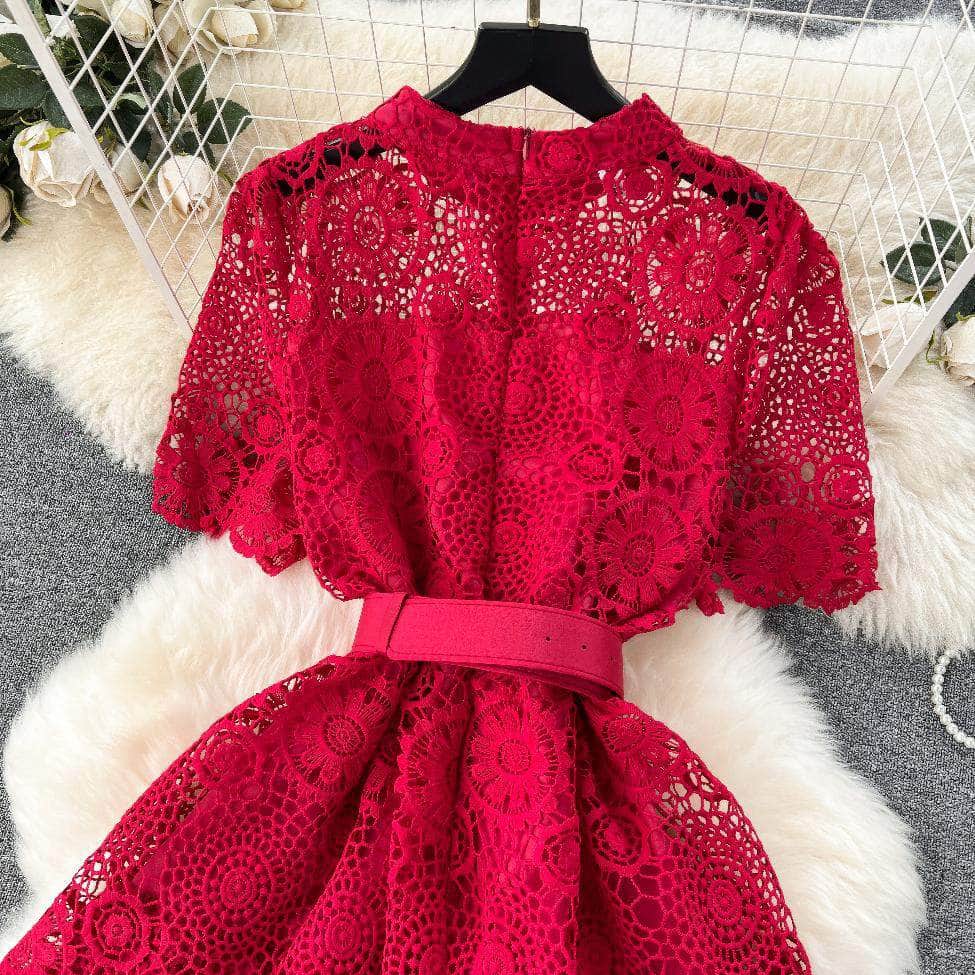 High Neck Floral Crotchet Lace Tiered Hem Dress