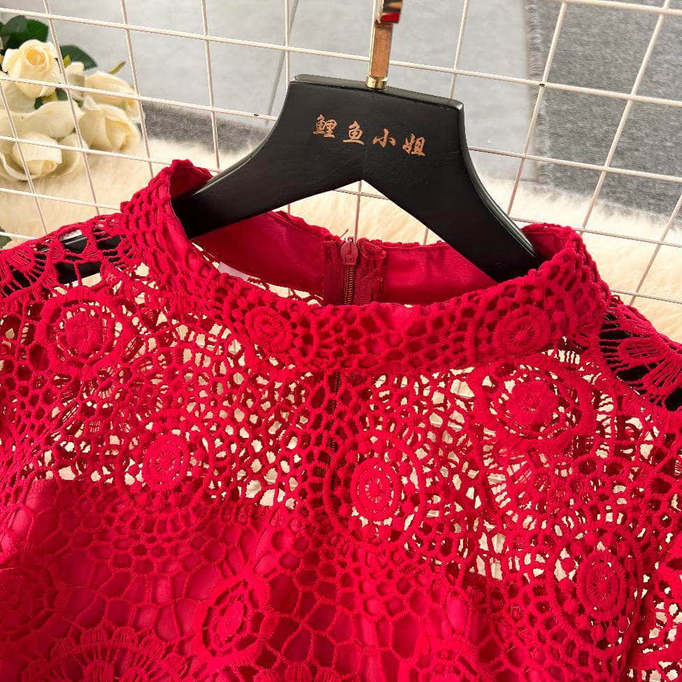 High Neck Floral Crotchet Lace Tiered Hem Dress