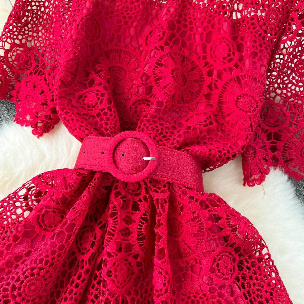 High Neck Floral Crotchet Lace Tiered Hem Dress