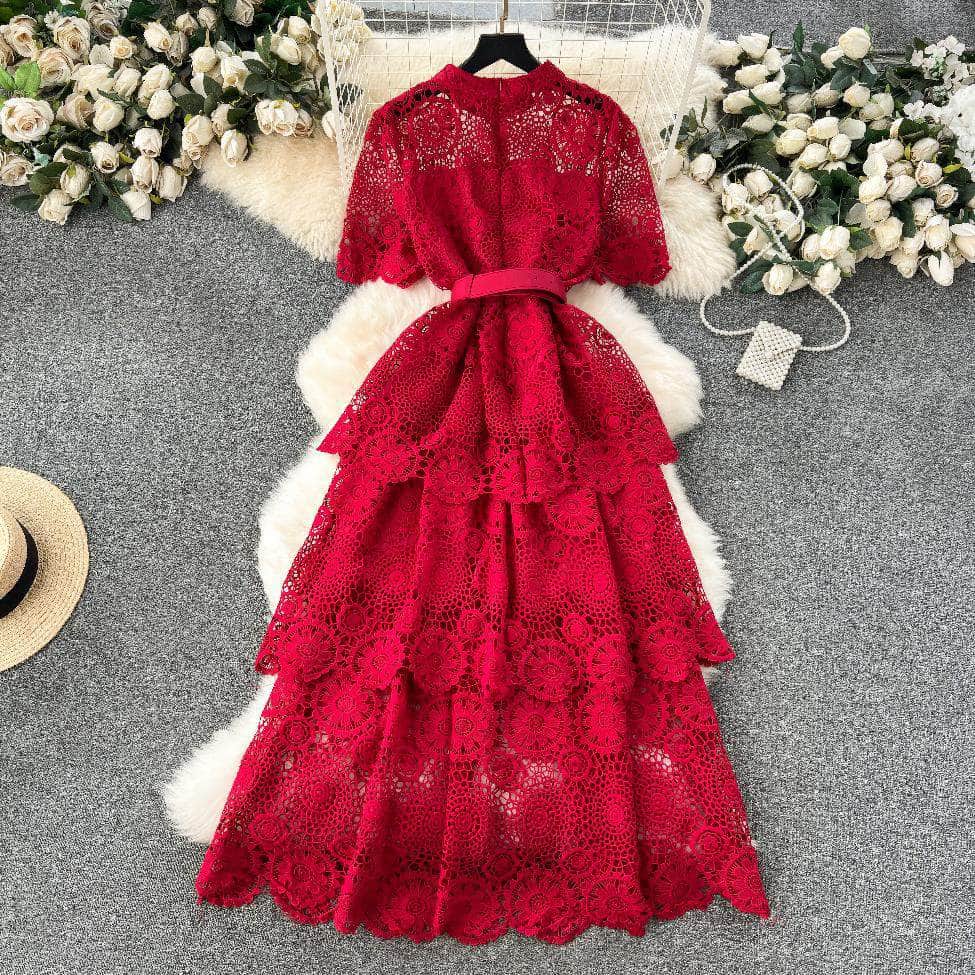 High Neck Floral Crotchet Lace Tiered Hem Dress
