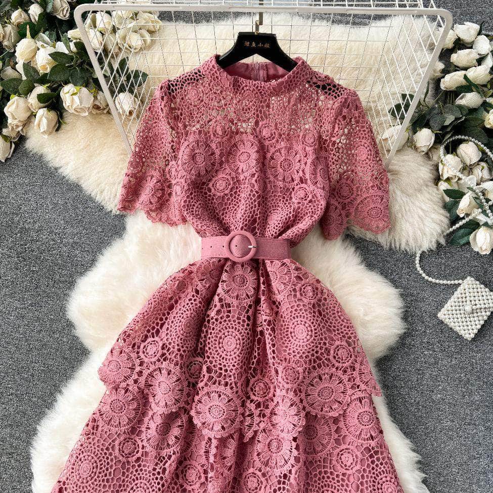 High Neck Floral Crotchet Lace Tiered Hem Dress