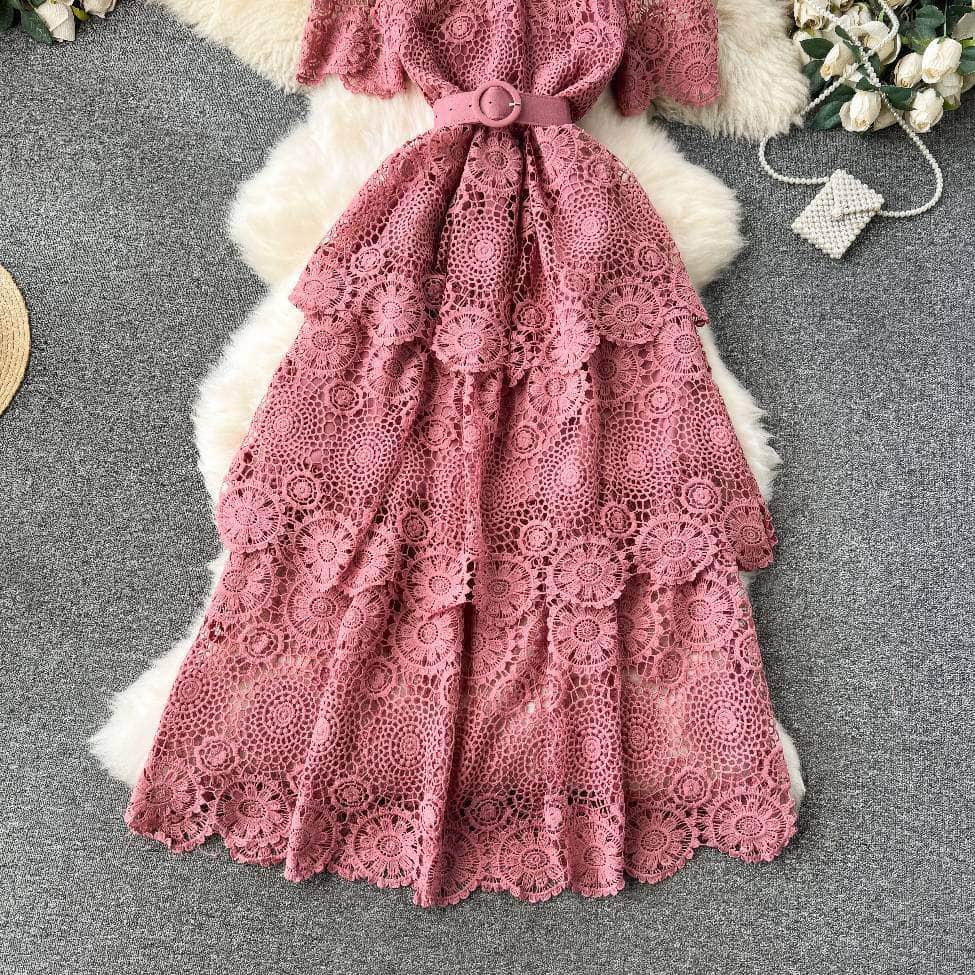 High Neck Floral Crotchet Lace Tiered Hem Dress
