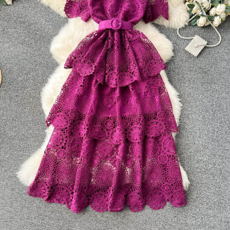 High Neck Floral Crotchet Lace Tiered Hem Dress