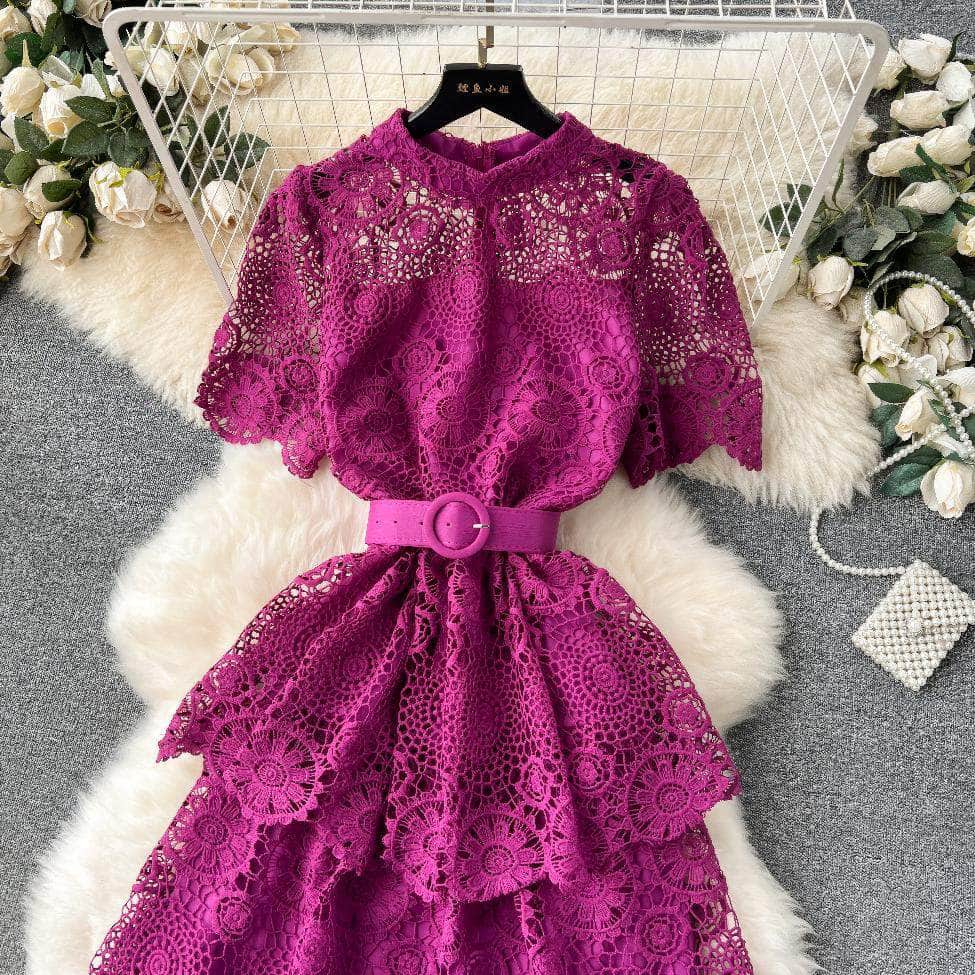 High Neck Floral Crotchet Lace Tiered Hem Dress
