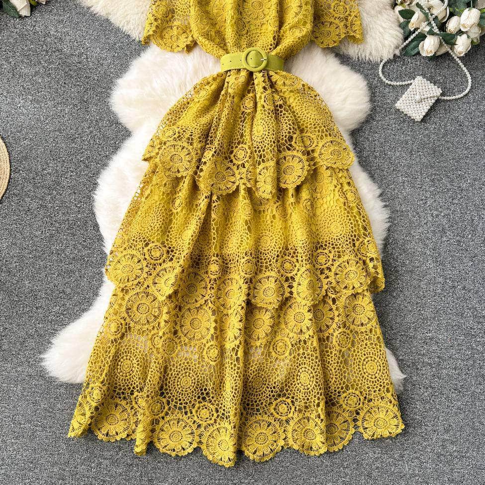 High Neck Floral Crotchet Lace Tiered Hem Dress