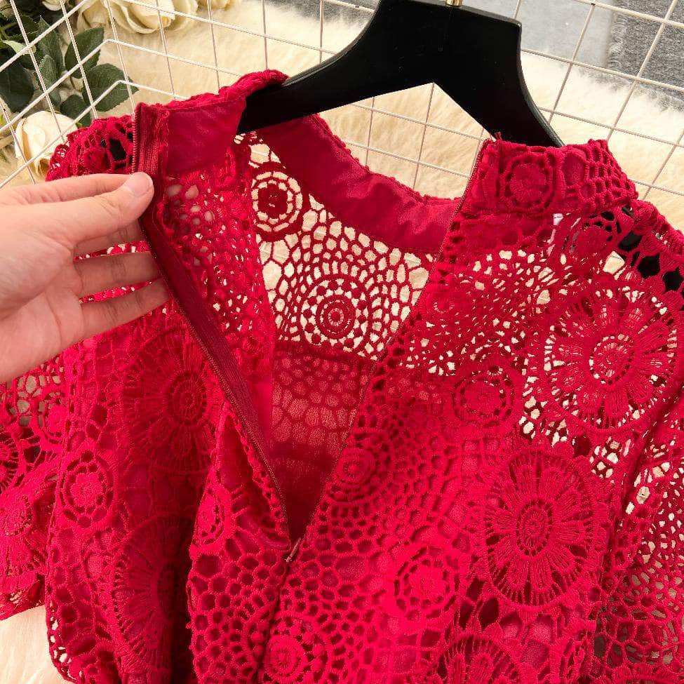High Neck Floral Crotchet Lace Tiered Hem Dress