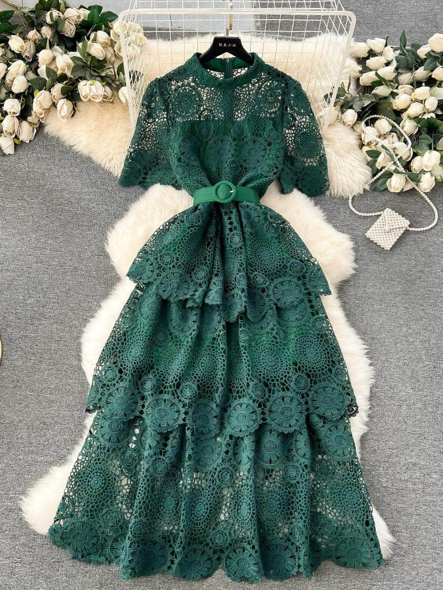 High Neck Floral Crotchet Lace Tiered Hem Dress MAX SIZE / DarkGreen / With Belt