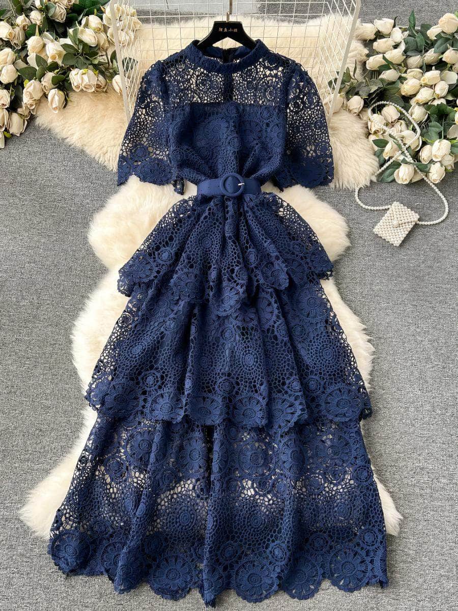 High Neck Floral Crotchet Lace Tiered Hem Dress MAX SIZE / Navy / With Belt