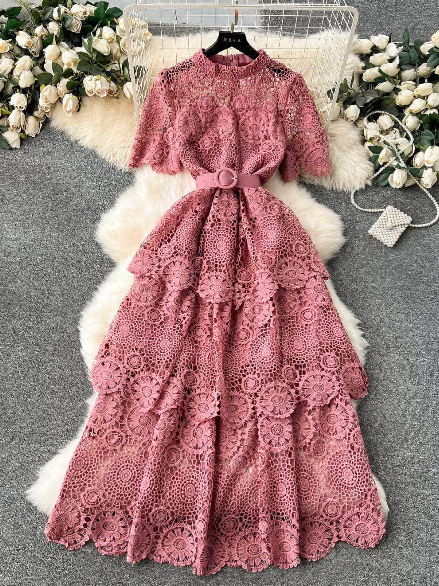 High Neck Floral Crotchet Lace Tiered Hem Dress MAX SIZE / PaleVioletRed / With Belt