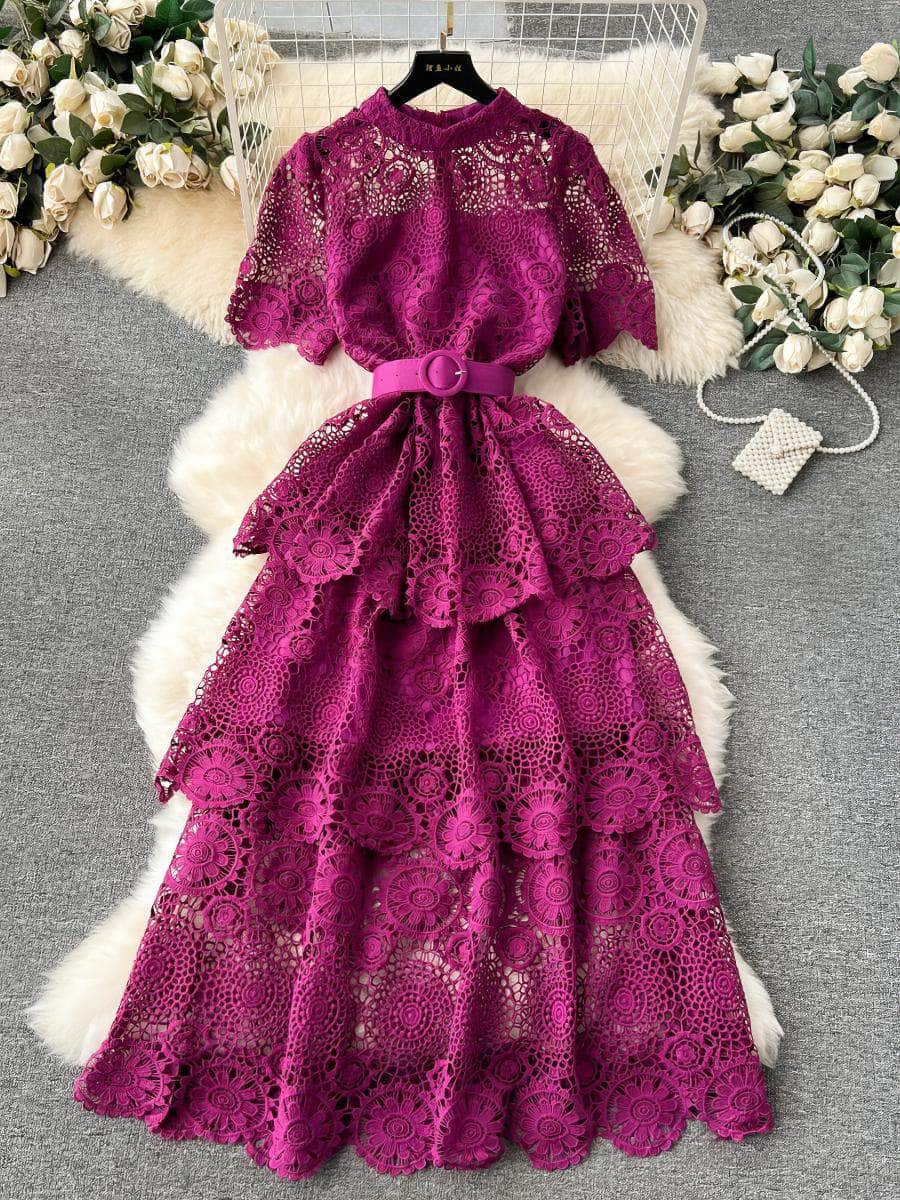 High Neck Floral Crotchet Lace Tiered Hem Dress MAX SIZE / Purple / With Belt