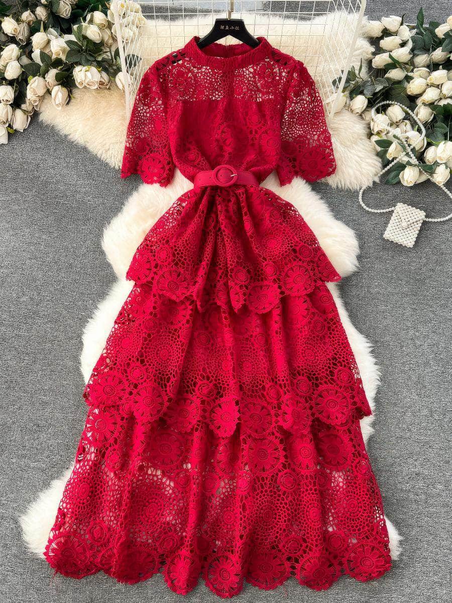 High Neck Floral Crotchet Lace Tiered Hem Dress MAX SIZE / Red / With Belt