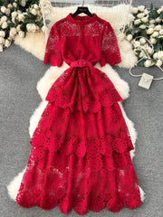 High Neck Floral Crotchet Lace Tiered Hem Dress MAX SIZE / Red / With Belt