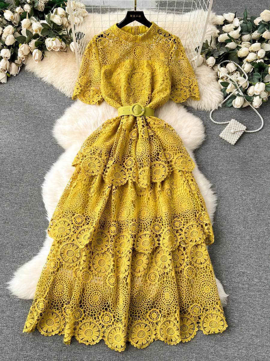 High Neck Floral Crotchet Lace Tiered Hem Dress MAX SIZE / Yellow / With Belt