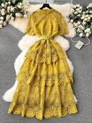 High Neck Floral Crotchet Lace Tiered Hem Dress MAX SIZE / Yellow / With Belt