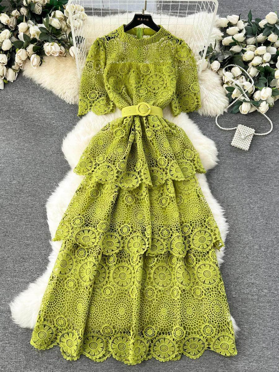 High Neck Floral Crotchet Lace Tiered Hem Dress MAX SIZE / YellowGreen / With Belt