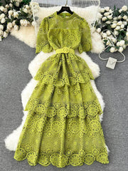 High Neck Floral Crotchet Lace Tiered Hem Dress MAX SIZE / YellowGreen / With Belt