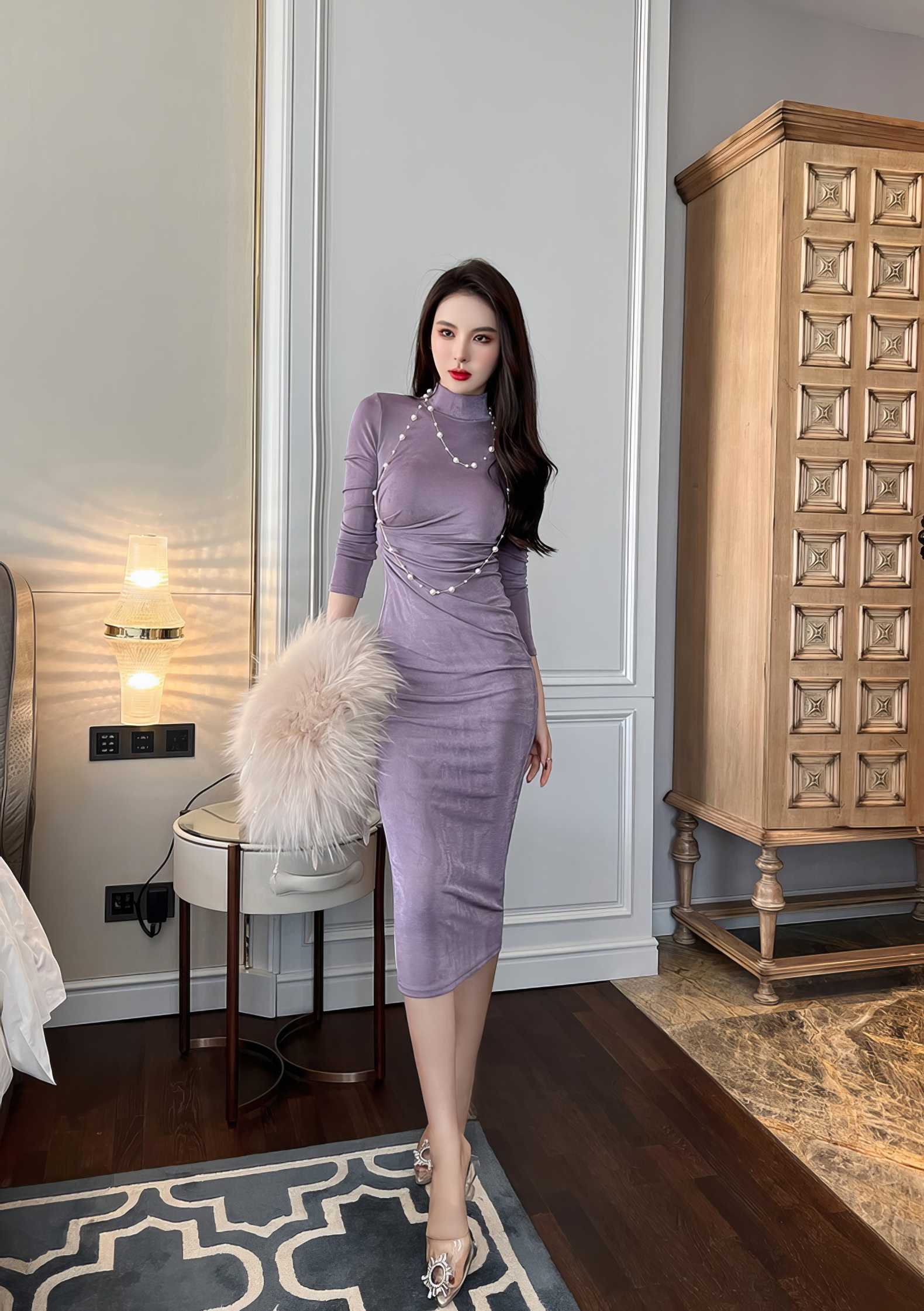 High Neck Long Sleeve Bodycon Midi Dress