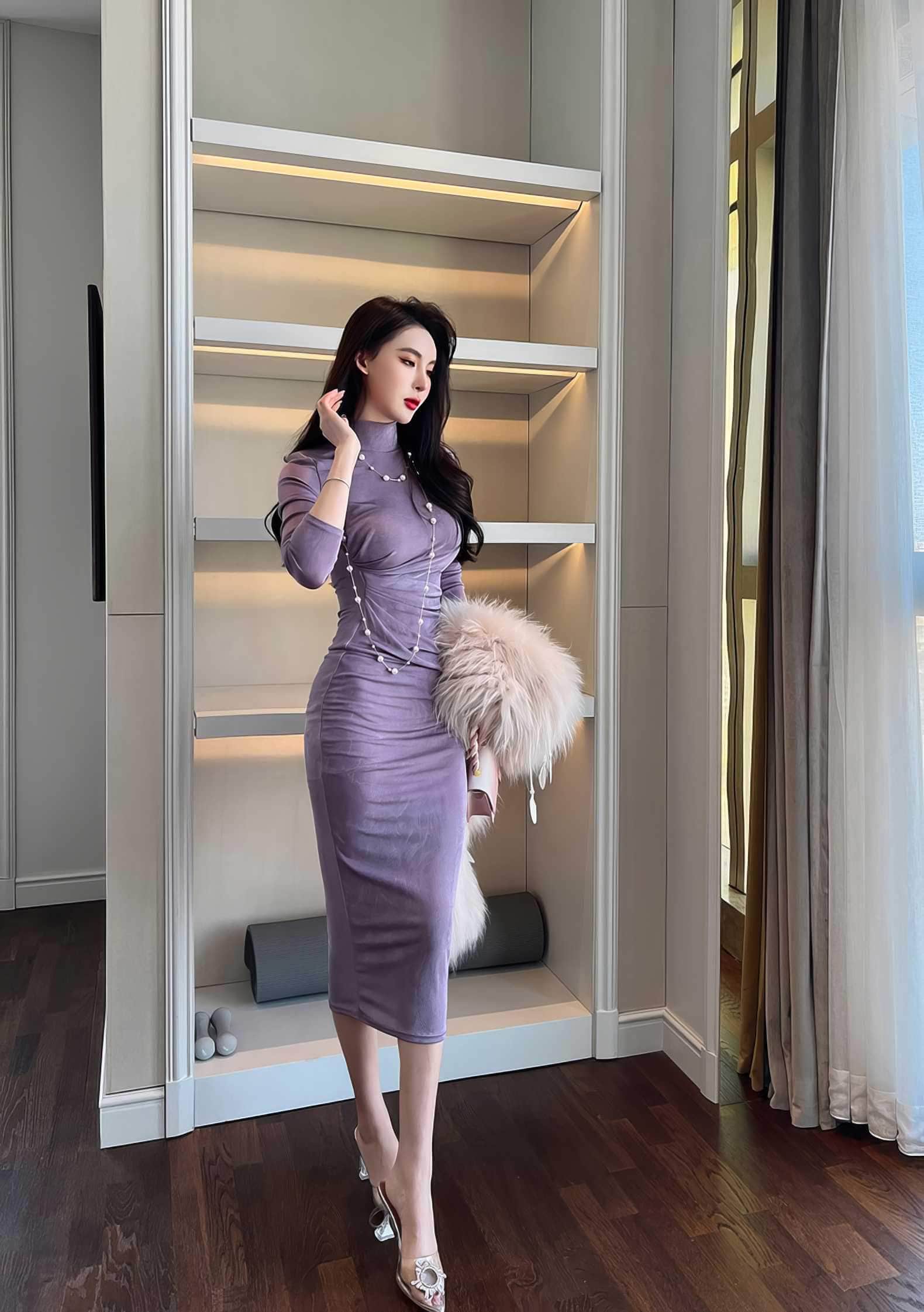 High Neck Long Sleeve Bodycon Midi Dress