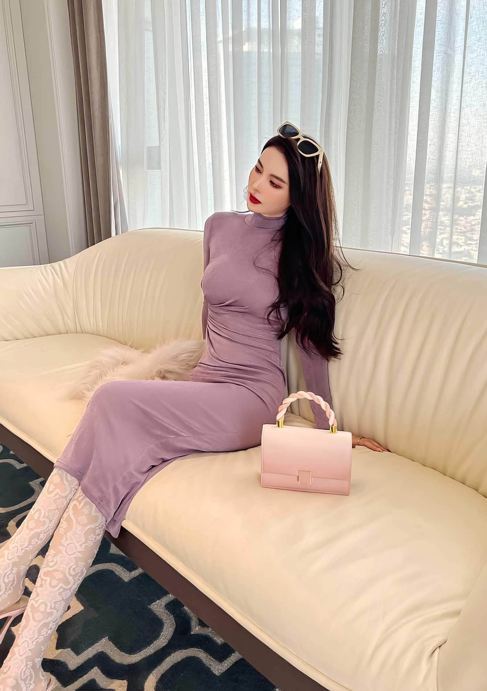 High Neck Long Sleeve Bodycon Midi Dress