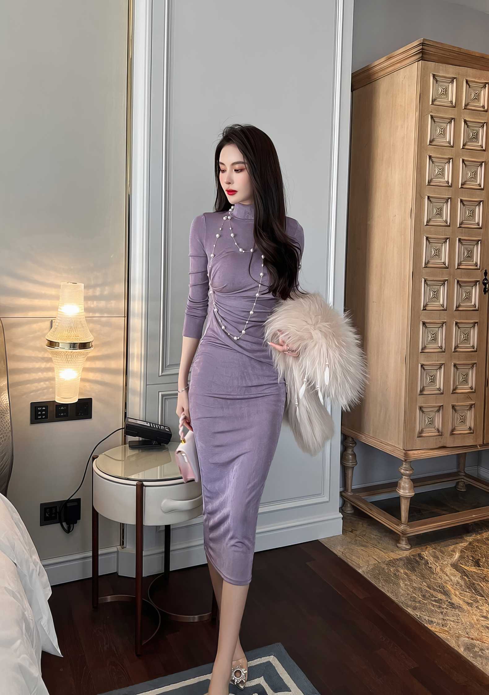 High Neck Long Sleeve Bodycon Midi Dress
