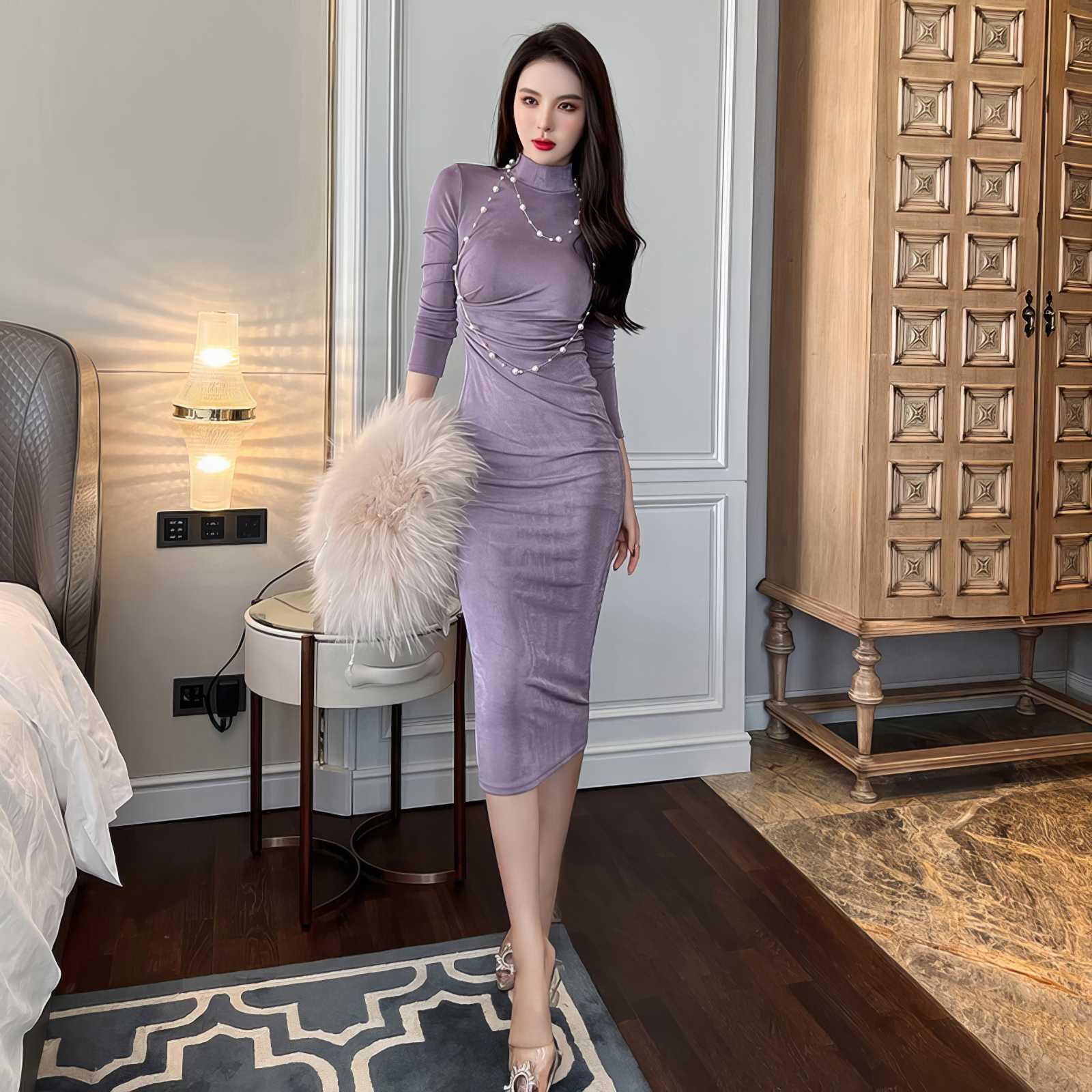 High Neck Long Sleeve Bodycon Midi Dress