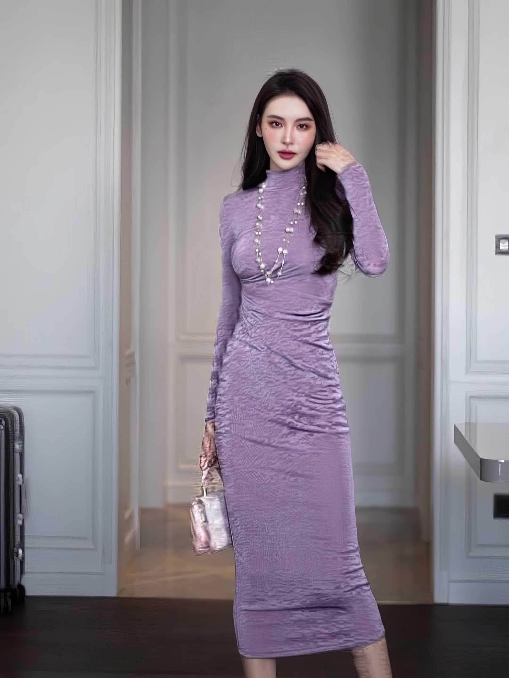 High Neck Long Sleeve Bodycon Midi Dress