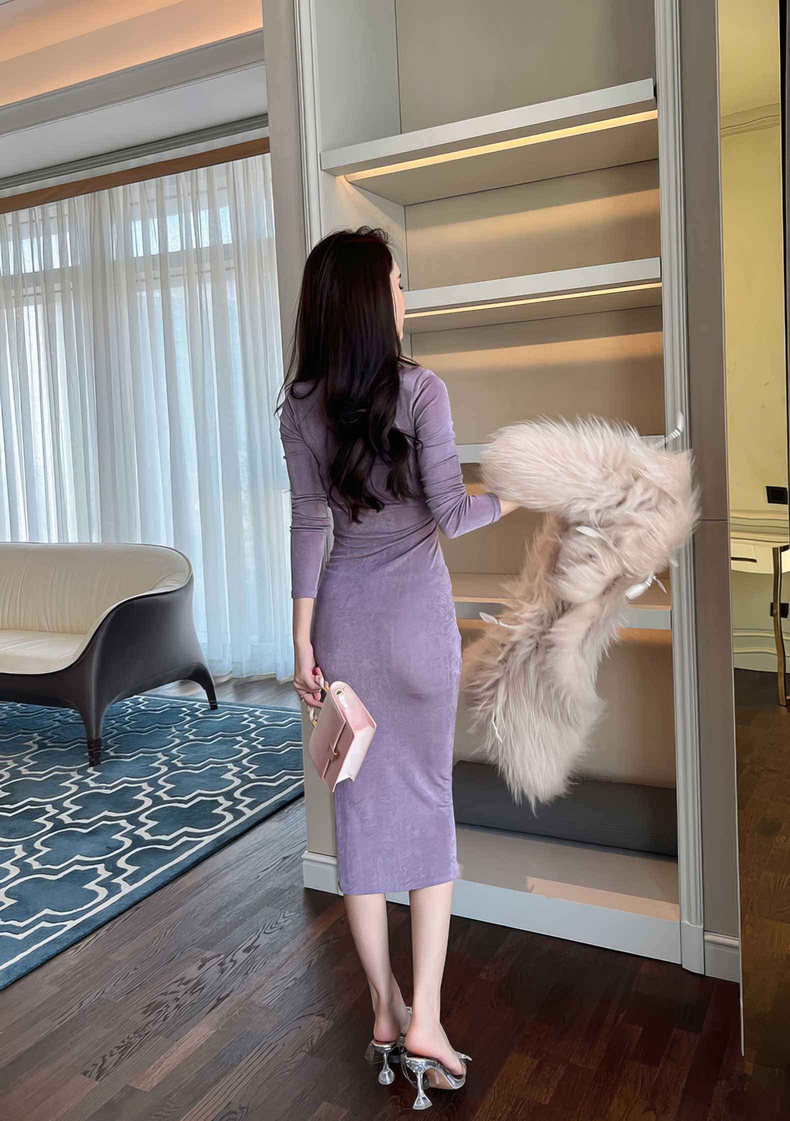 High Neck Long Sleeve Bodycon Midi Dress