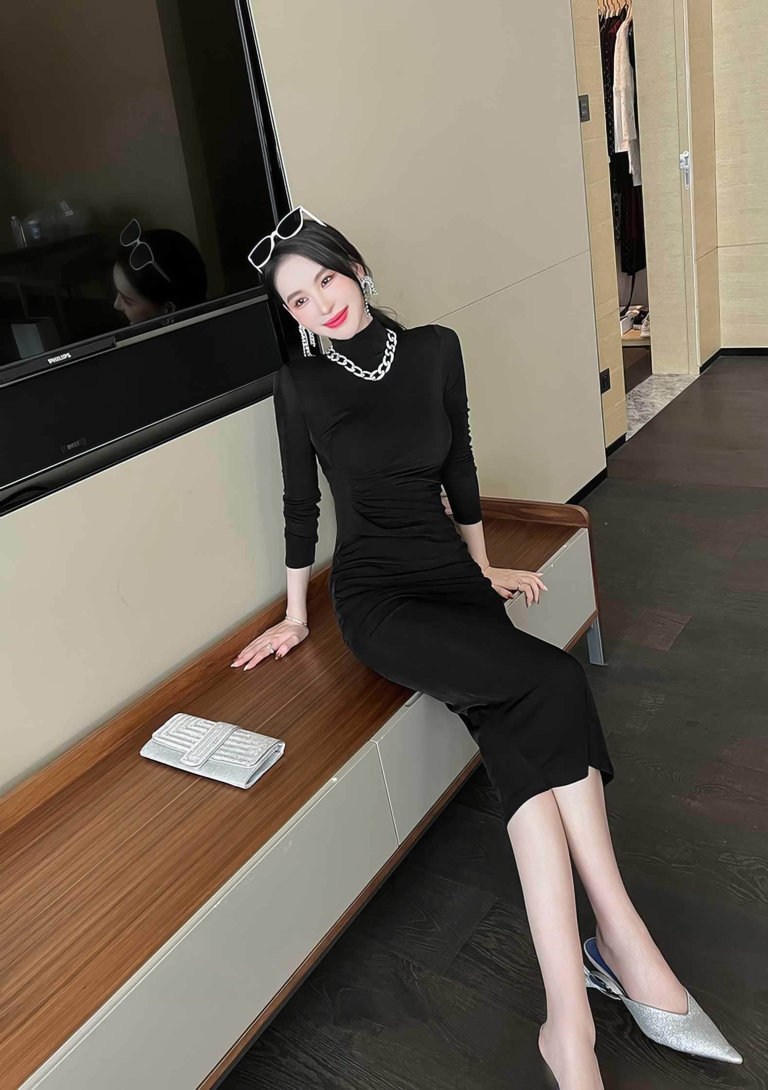 High Neck Long Sleeve Bodycon Midi Dress
